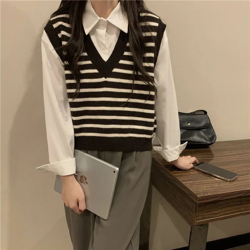 Women Autumn Winter Preppy Style Sweater Vest New Fashion Pullover Elastic Knit Ladies Jumper Casual Stripped Female Basic Tops