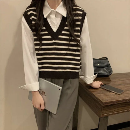 Women Autumn Winter Preppy Style Sweater Vest New Fashion Pullover Elastic Knit Ladies Jumper Casual Stripped Female Basic Tops