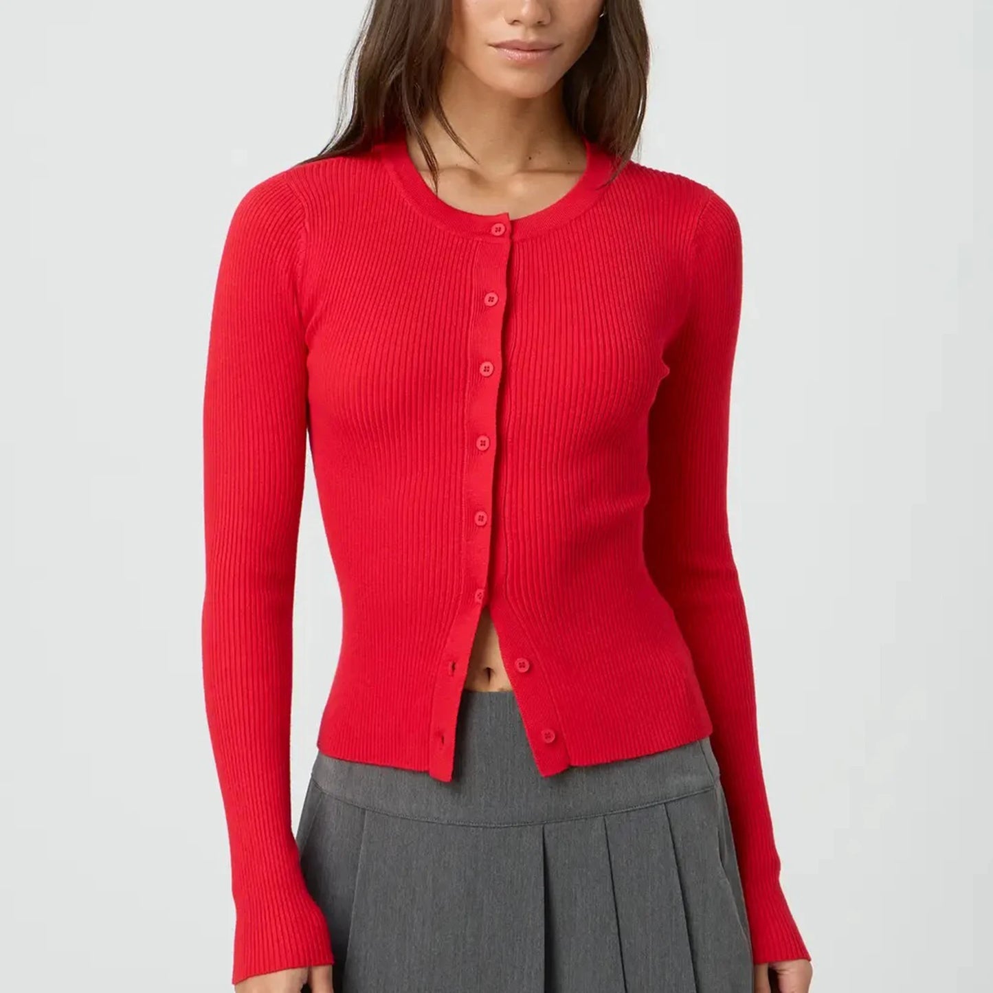 Women's Ribbed Cardigan Tops Spring Fall Solid Color Long Sleeve Round Neck Button Up Cropped Sweaters Female Casual Pullovers