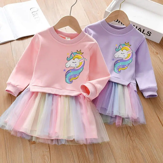 Girl Unicorn Princess Dress 2025 New Winter Girl Dress Children's Unicolor Sweaters + Mesh Dress Set Children's Clothing 2-8Y