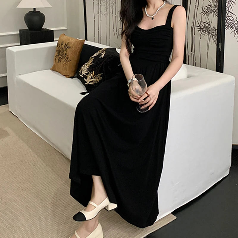 New Summer Women Elegant Black Suspender Dress Lady Concise Beach Prom Goddess Dress Female Classic Backless Ruched Long Dress