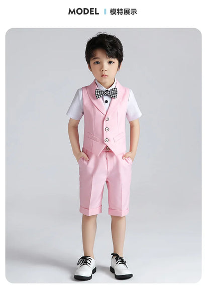 Boys Summer Vest Shirt Shorts Formal Dress Kids Candy Color Waistcoat Wedding Clothes Sets Child Uniforms Toddler Tuxedo Costume