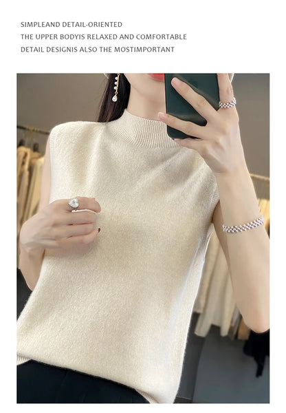 2024 Cashmere Vest Women's 100% Merino Wool Pullover Indoor Sleeveless Sweater Half-turtleneck Office Tops Waistcoat