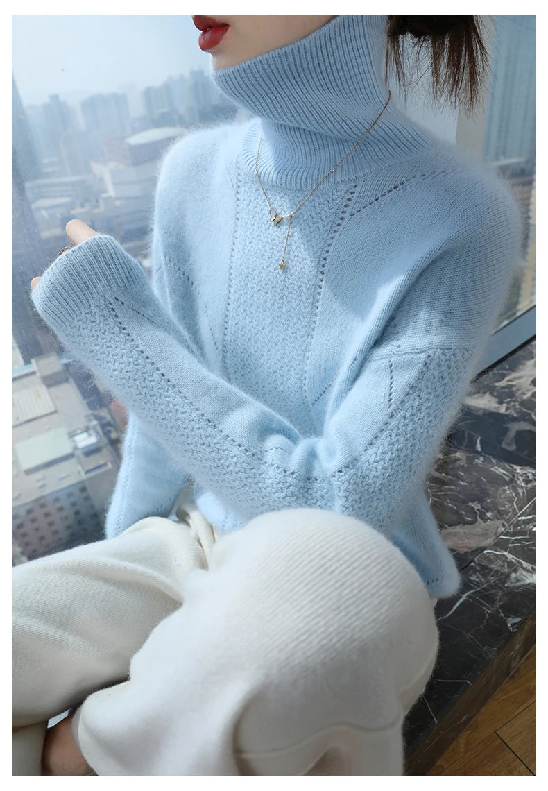 2024 Autumn and Winter Women's Dress 100% Mink Cashmere Sweater Turtleneck Knitted Long Sleeve Thick Warm Pullover Fashion Top
