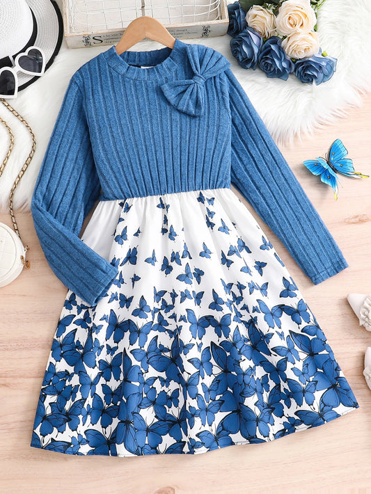 Autumn and Winter New Girls Casual Dress Solid Color Double Matching Printed Dress 8-12Y
