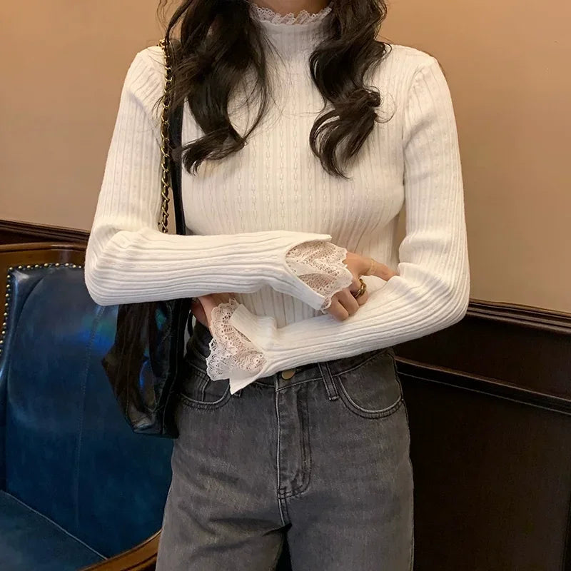autumn Knitted Turtleneck Long Sleeve Slim Jumper Tops Women Sweater Pullover Lace splicing Ladies Casual Shirts Soft Clothing
