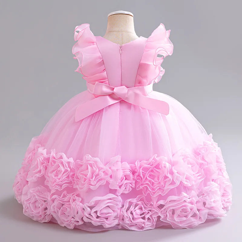 Elegant Party Dresses For Flower Girls Flying Sleeves Bow Puffy Princess Dress For Children Birthday Wedding Baptism Prom Gown