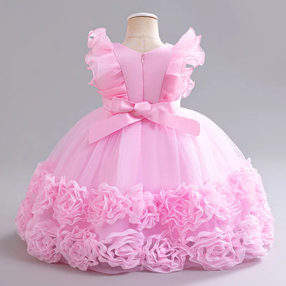 Elegant Party Dresses For Flower Girls Flying Sleeves Bow Puffy Princess Dress For Children Birthday Wedding Baptism Prom Gown
