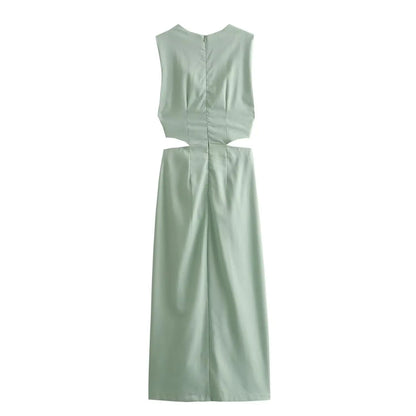 Summer Dress For Women 2024 Solid Waist Hollow Out O-Neck Sleeveless Slit Long Dresses Wild Casual Beach Woman Even Dress