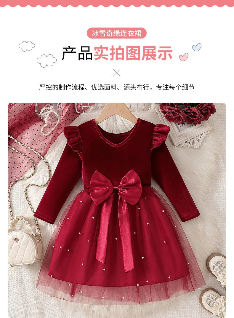 2025 Autumn Winter Girls' Christmas Party Dress with Bow, Elegant Princess Gown for Holiday Pageant & Formal Events