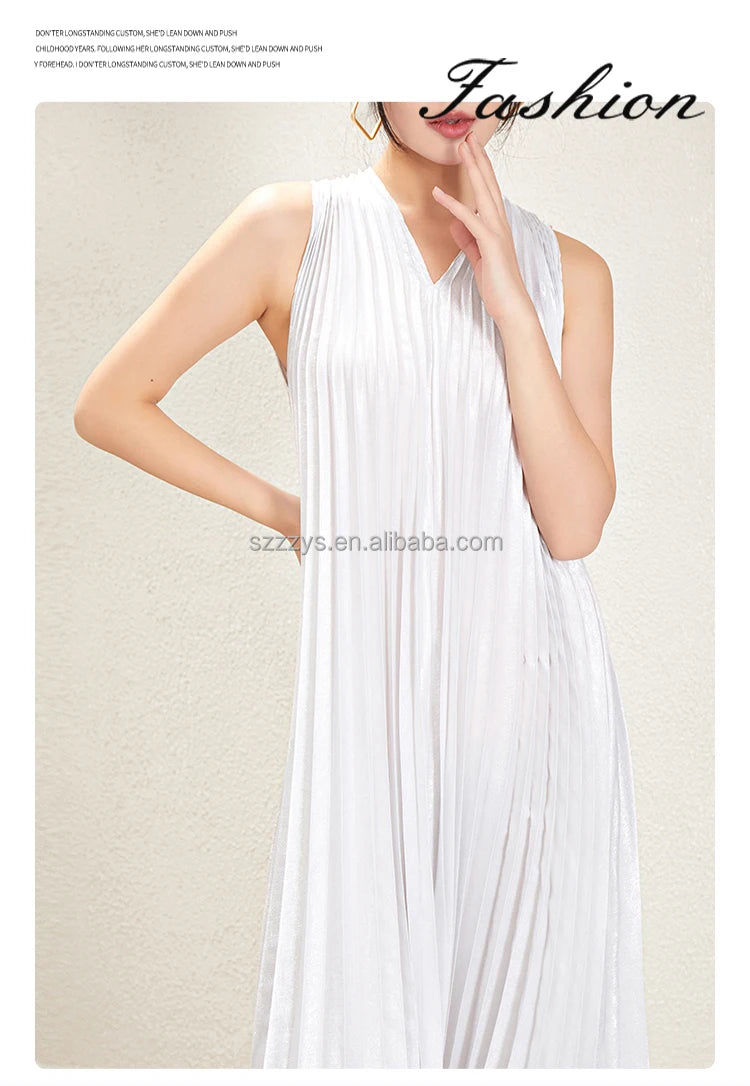 Summer Dress for Women Front and Back V-neck Solid Color Sleeveless Miyake Pleated Loose Casual Fashion Elegant Dress