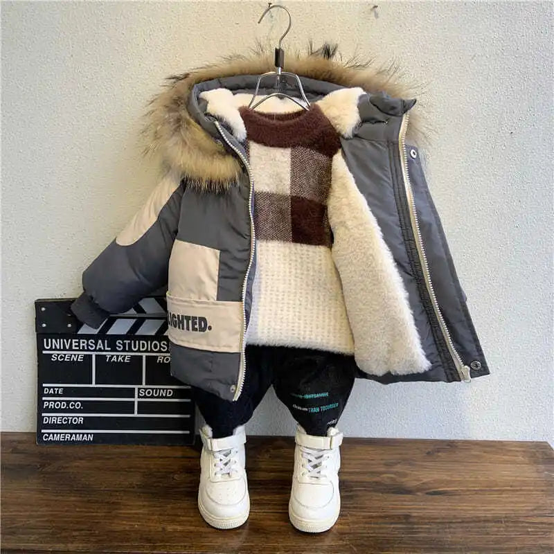 Winter Boys Coat 2023 New Baby Fur Collar Hooded Cotton Plus Velvet Thicken Warm Jacket For Children's Coat For Boys 2-8Years