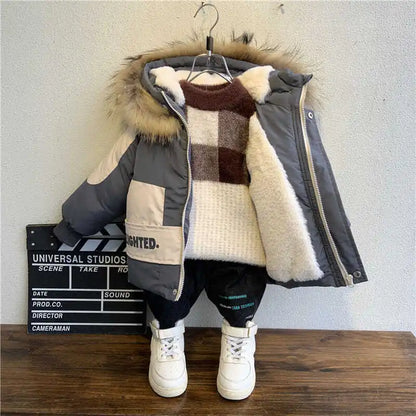 Winter Boys Coat 2023 New Baby Fur Collar Hooded Cotton Plus Velvet Thicken Warm Jacket For Children's Coat For Boys 2-8Years