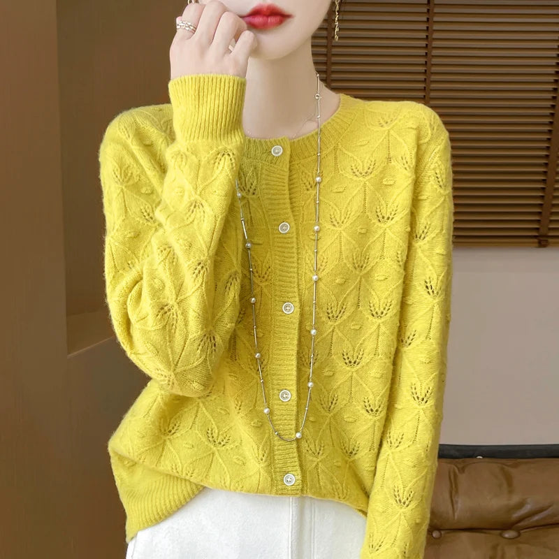 2024 Autumn And Winter New Round Neck Hollowed Out 100 Wool Knitted Cardigan Women's Versatile Coat Loose Casual Sweater DMR281
