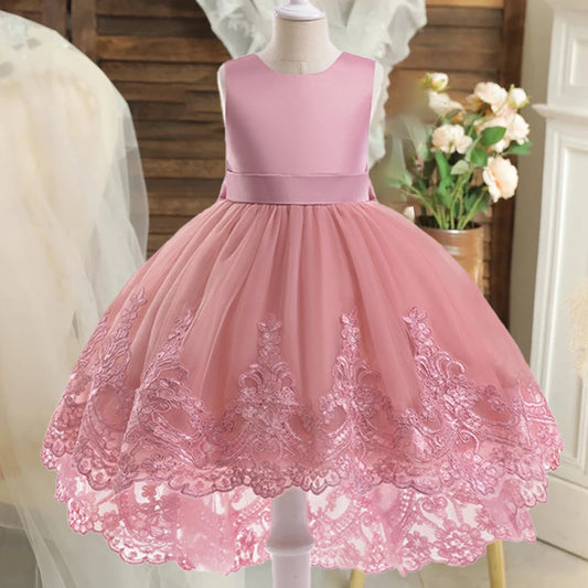 Trailing Party Dresses For Girl Pink Flower Bow Wedding Bridesmaid Girls Dress Elegant Tulle Birthday Princess Evening Prom Gown