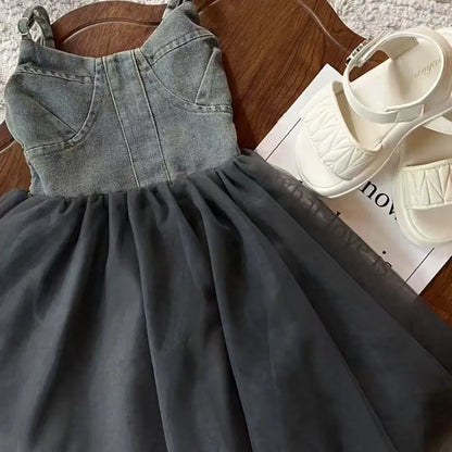 Girls Summer Dress 2025 New Summer Strap Dress Children Princess Denim Fashion Yarn Patchwork Dress