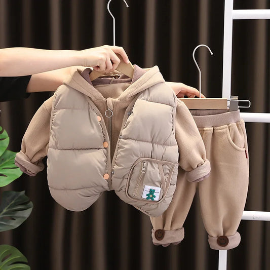 Winter New Baby Hooded Cotton Coat Long Sleeve Set for Boys and Girls' Vest with Velvet and Thickened Casual Three Piece Set