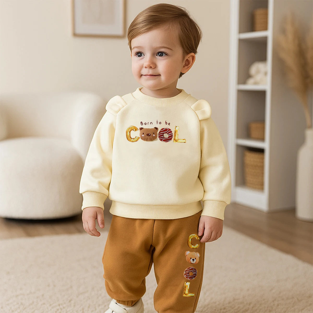 Winter Toddler Boys Clothes Sets Funny Bear Pattern Long Sleeve Thick Top And Printed Pants 2-Piece Set Children's Clothing