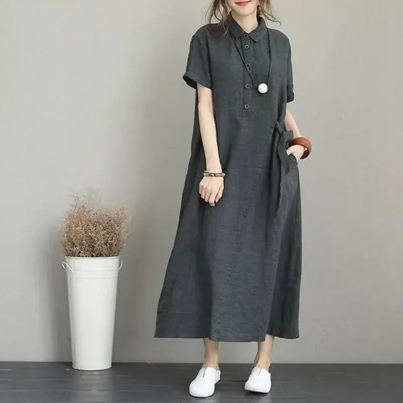 Women Summer Temperament Dress New Solid Color Lapel Short Sleeved Loose Pocket Casual Dress for Women Cotton Linen Clothing