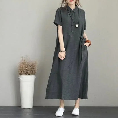 Women Summer Temperament Dress New Solid Color Lapel Short Sleeved Loose Pocket Casual Dress for Women Cotton Linen Clothing