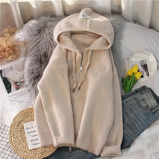 Women Cardigan Sweater Coat Hooded Fashion Solid color Sweater Female  zipper Knitted Spring Autumn Oversize Sweater Overcoat