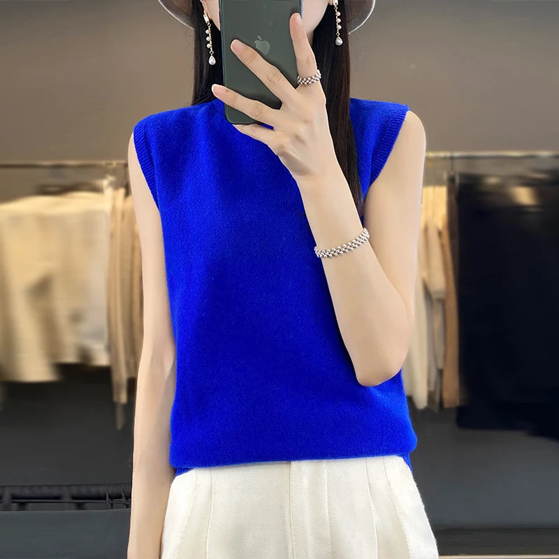 2024 Cashmere Vest Women's 100% Merino Wool Pullover Indoor Sleeveless Sweater Half-turtleneck Office Tops Waistcoat