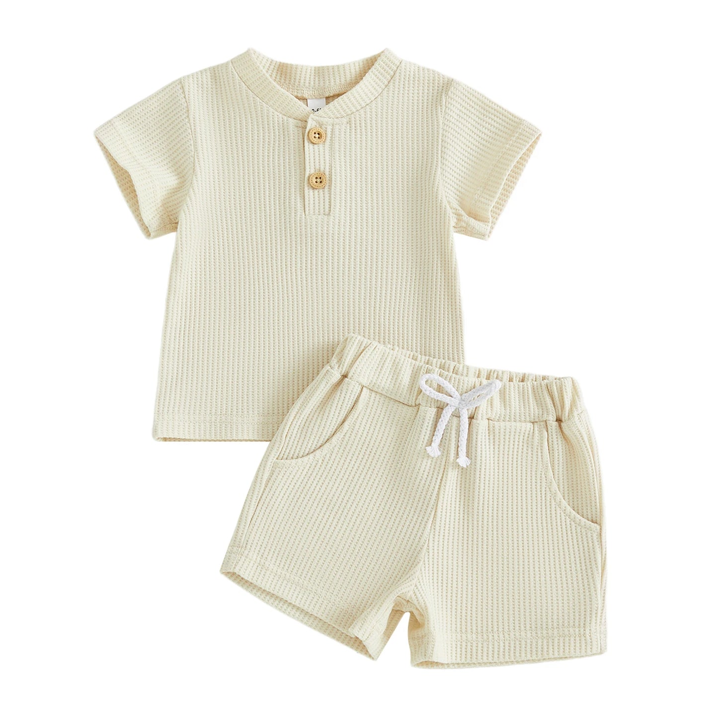 Toddler Baby Boys Summer Clothing Sets Solid Color Short Sleeve O-neck Button Waffle T-shirts Tops with Shorts 2ocs Outfits