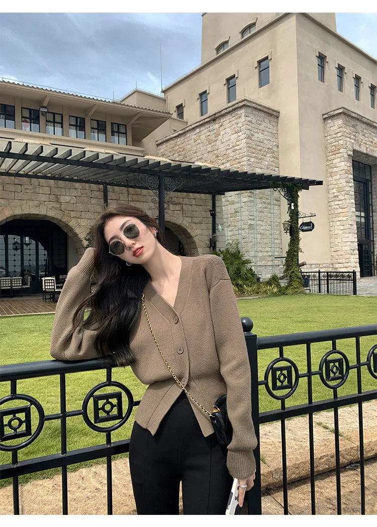 Zjaiss 2025 Autumn Winter Elegance Solid Color V-neck Sweater Knitted Casual Cardigan Unique And Niche Slim Fit Tops