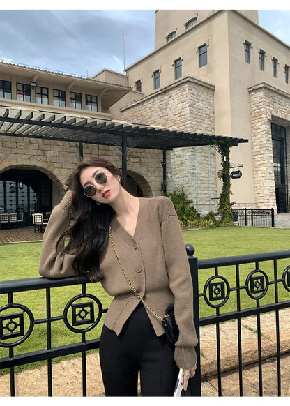 Zjaiss 2025 Autumn Winter Elegance Solid Color V-neck Sweater Knitted Casual Cardigan Unique And Niche Slim Fit Tops