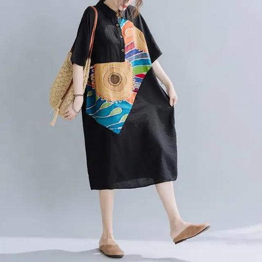 Women Summer Clothing 2025 New Style Literary Splicing Loose Printed Button Splicing Shirt Dress