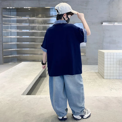 Boys Summer Clothing Set Children Short-Sleeve Polo Shirt Top+ Denim Pants Two-Piece Set 2025 New