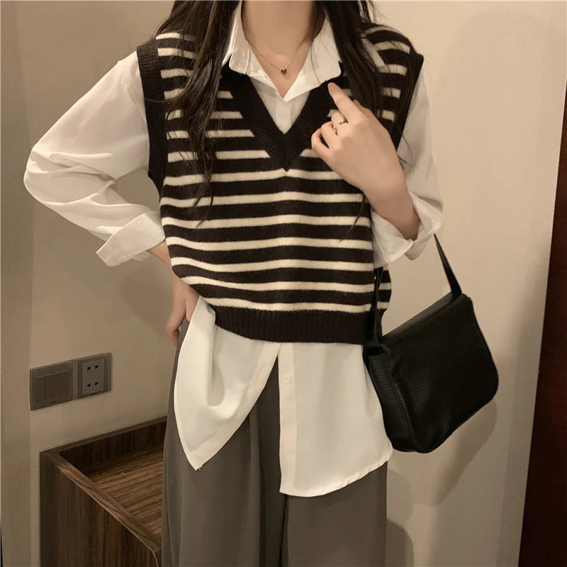 Women Autumn Winter Preppy Style Sweater Vest New Fashion Pullover Elastic Knit Ladies Jumper Casual Stripped Female Basic Tops