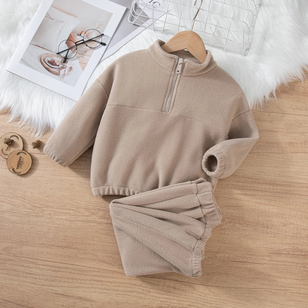 Girls Winter Casual Outfit Solid Color Fleece Thickened Hoodie Pants Clothes Set Half-Zip Children Sweater Sets