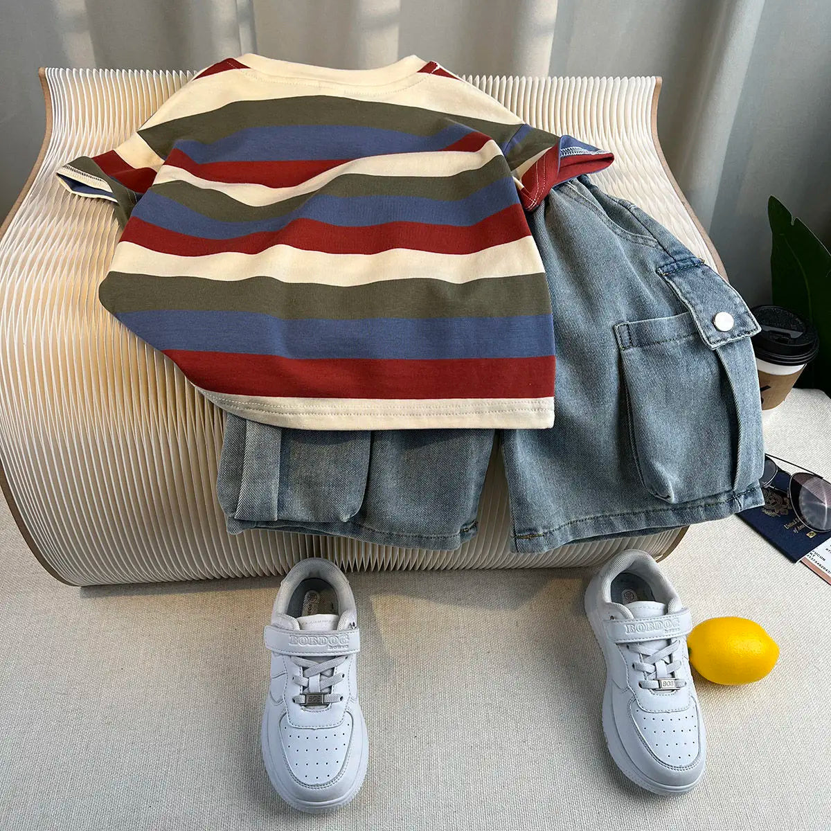Boys Summer 2025 Boutique Design Outfits Baby Boys Short Sleeve Striped T-Shirt Jeans Shorts 2pcs Korean Clothes for Children