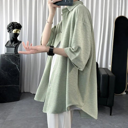 Summer Cool Men Short-sleeved Shirt Solid Color Fashion Plicated Casual Loose Button Shirt Male Clothing Tops