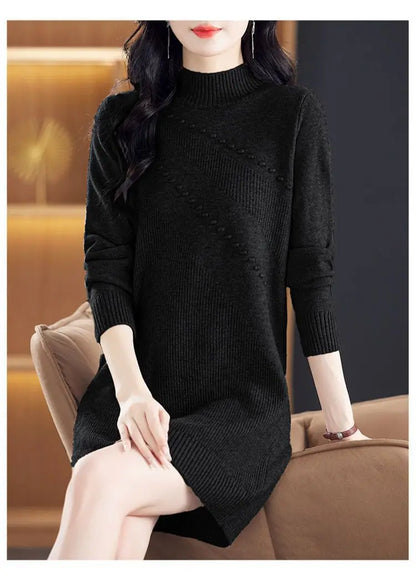 New Vintage Autumn Women's Clothing Half Turtleneck Warm Winter Sweater Dress Long Sleeve Pollovers Top Female Knitwear Jumper