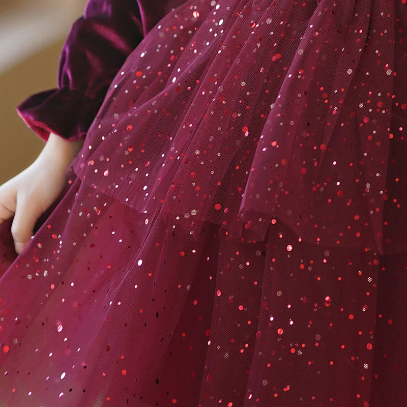 Girls' Autumn/Winter fleece dresses wine red elegant mesh shaggy dress Christmas Long Sleeve Gown