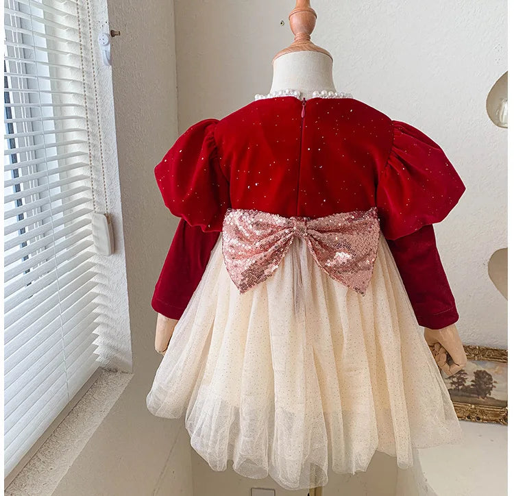 Winter Bow Sequin Dress for Girls' 2025 New Fashion Baby Red Christmas Dresses Velvet Patchwork Mesh A-line Princess Dress