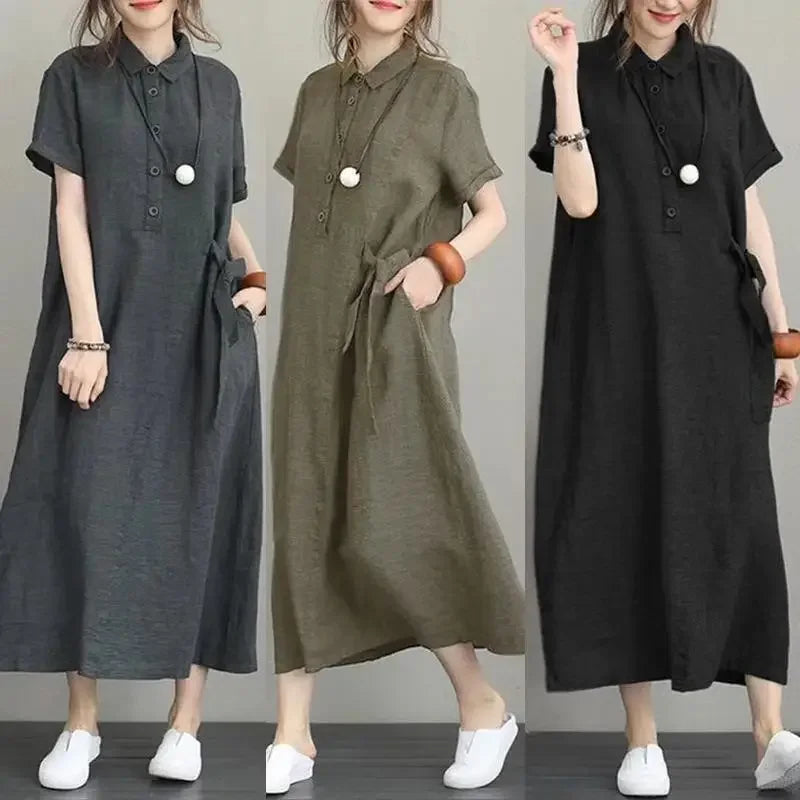 Women Summer Temperament Dress New Solid Color Lapel Short Sleeved Loose Pocket Casual Dress for Women Cotton Linen Clothing