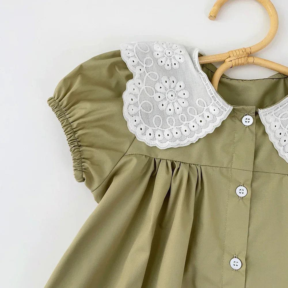 Girls Summer Dress Lace Collar Puff Sleeved Elegant Baby Kids Princess Birthday Dresses Children Clothes Vestidos  3-7 Years Old