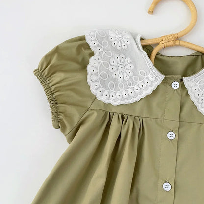 Girls Summer Dress Lace Collar Puff Sleeved Elegant Baby Kids Princess Birthday Dresses Children Clothes Vestidos  3-7 Years Old