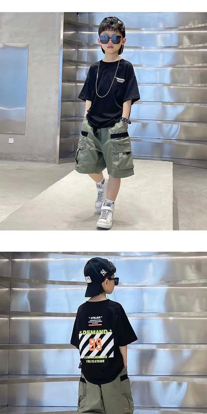 Boys Summer Set 2024 New Western Style Summer Children's Korean Loose Short Sleeved Workwear Two Piece Set Trendy