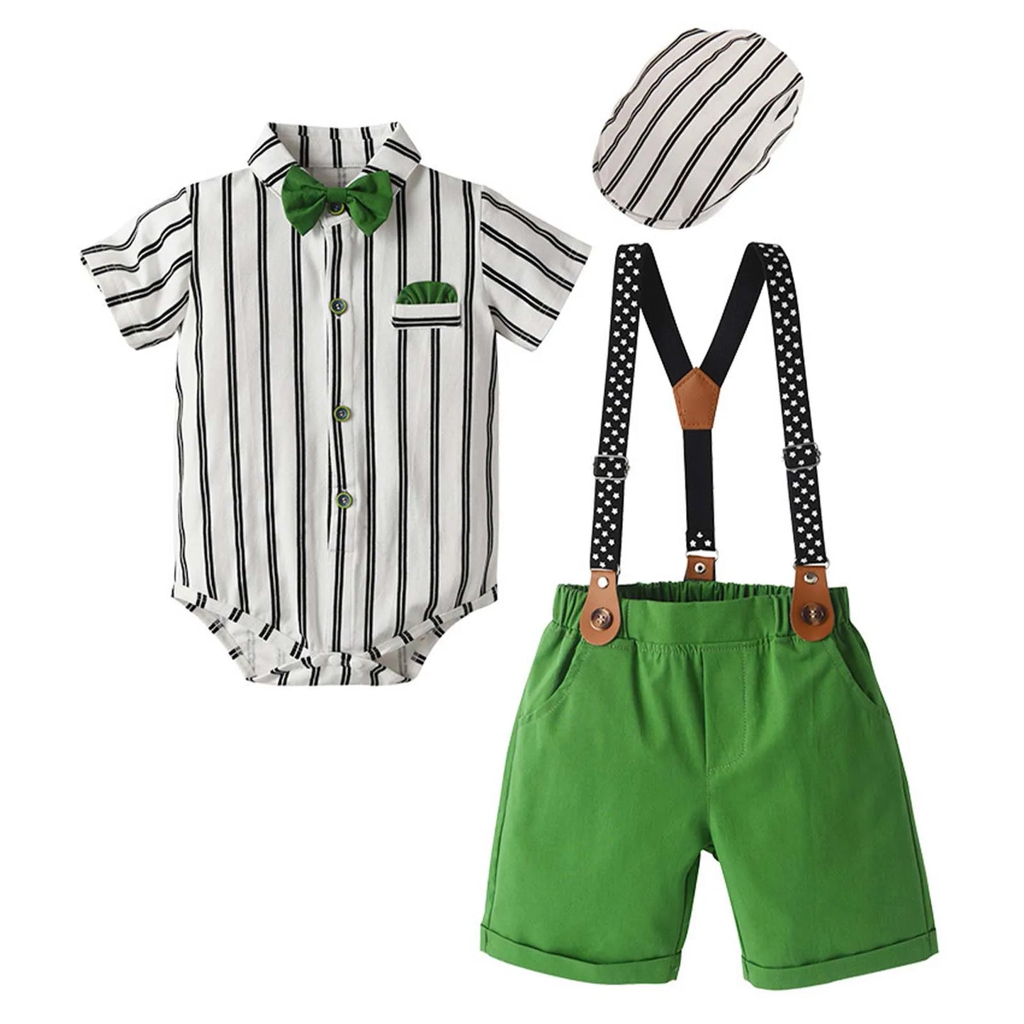 Baby Boys Summer Short Sleeve Lapel Bow Tie Romper with Suspender Shorts Beret Christening Birthday Wedding Party Gentlemen Suit