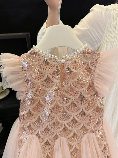 Girls Dress 2025 Summer New Children Elegant Princess Dress Baby Fashion Mesh Flying Sleeve Tank Top Dress