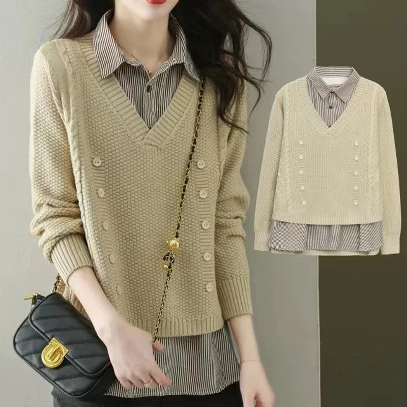 New Fake Two Piece Top Knit Sweater Women's Splice Shirt Collar Spring Autumn  Korean Loose Long Sleeve Sweater Female Pullover