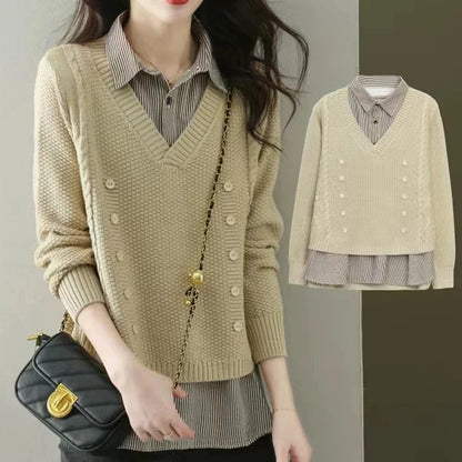 New Fake Two Piece Top Knit Sweater Women's Splice Shirt Collar Spring Autumn  Korean Loose Long Sleeve Sweater Female Pullover