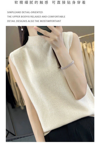 2024 Cashmere Vest Women's 100% Merino Wool Pullover Indoor Sleeveless Sweater Half-turtleneck Office Tops Waistcoat