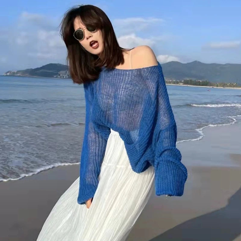 Summer simple hollow out lightweight and slightly transparent long sleeved knitted sweater Spring new women's pullover