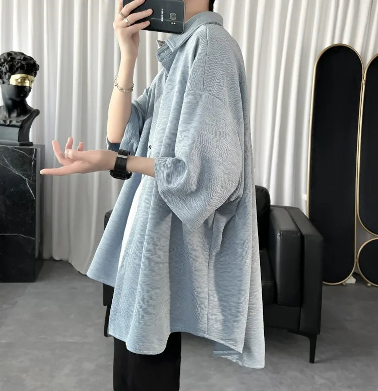 Summer Cool Men Short-sleeved Shirt Solid Color Fashion Plicated Casual Loose Button Shirt Male Clothing Tops