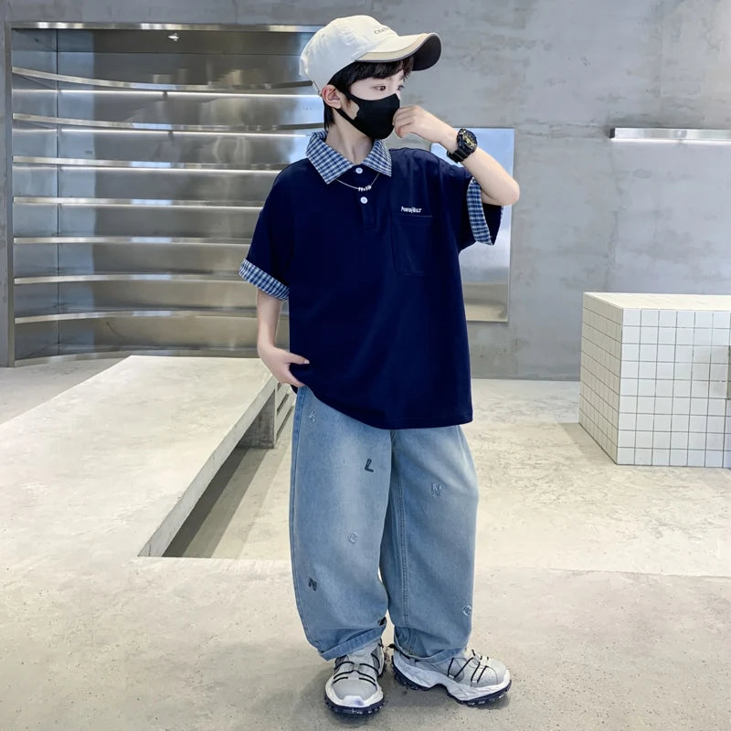 Boys Summer Clothing Set Children Short-Sleeve Polo Shirt Top+ Denim Pants Two-Piece Set 2025 New